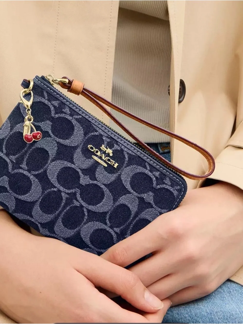 Coach Navy Blue Signature Denim Wristlet with Gold Logo